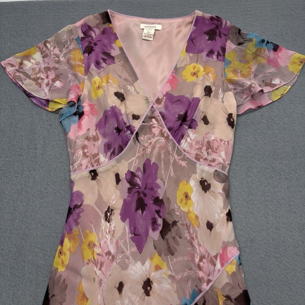 Sundance 100% Silk Chiffon Dress Flutter Sleeve V Neck Floral Whimsy Fairy Sz 4 - Picture 3 of 10